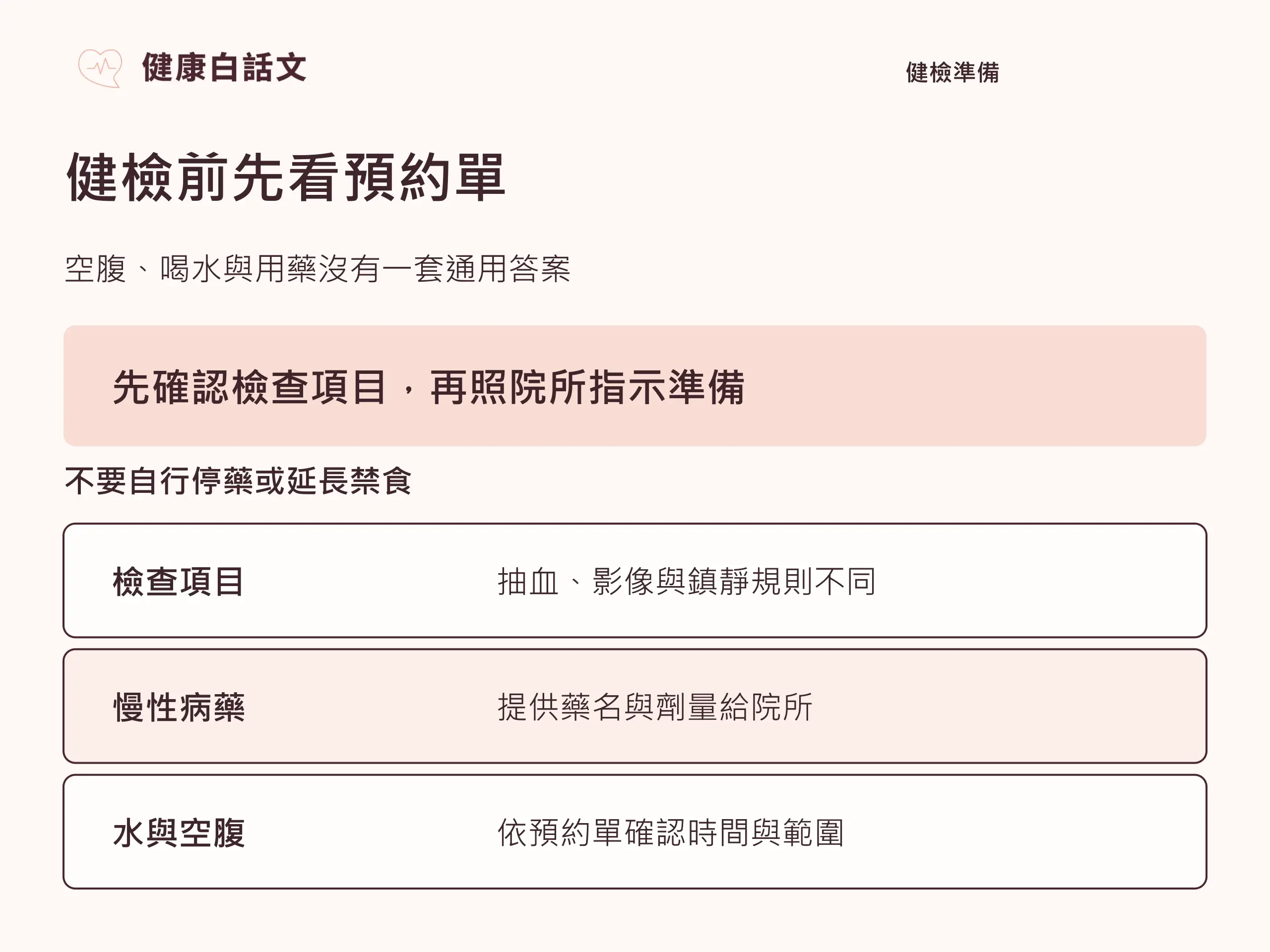 健檢前注意事項:空腹、喝水、藥物與衣著:健檢準備的判斷順序
