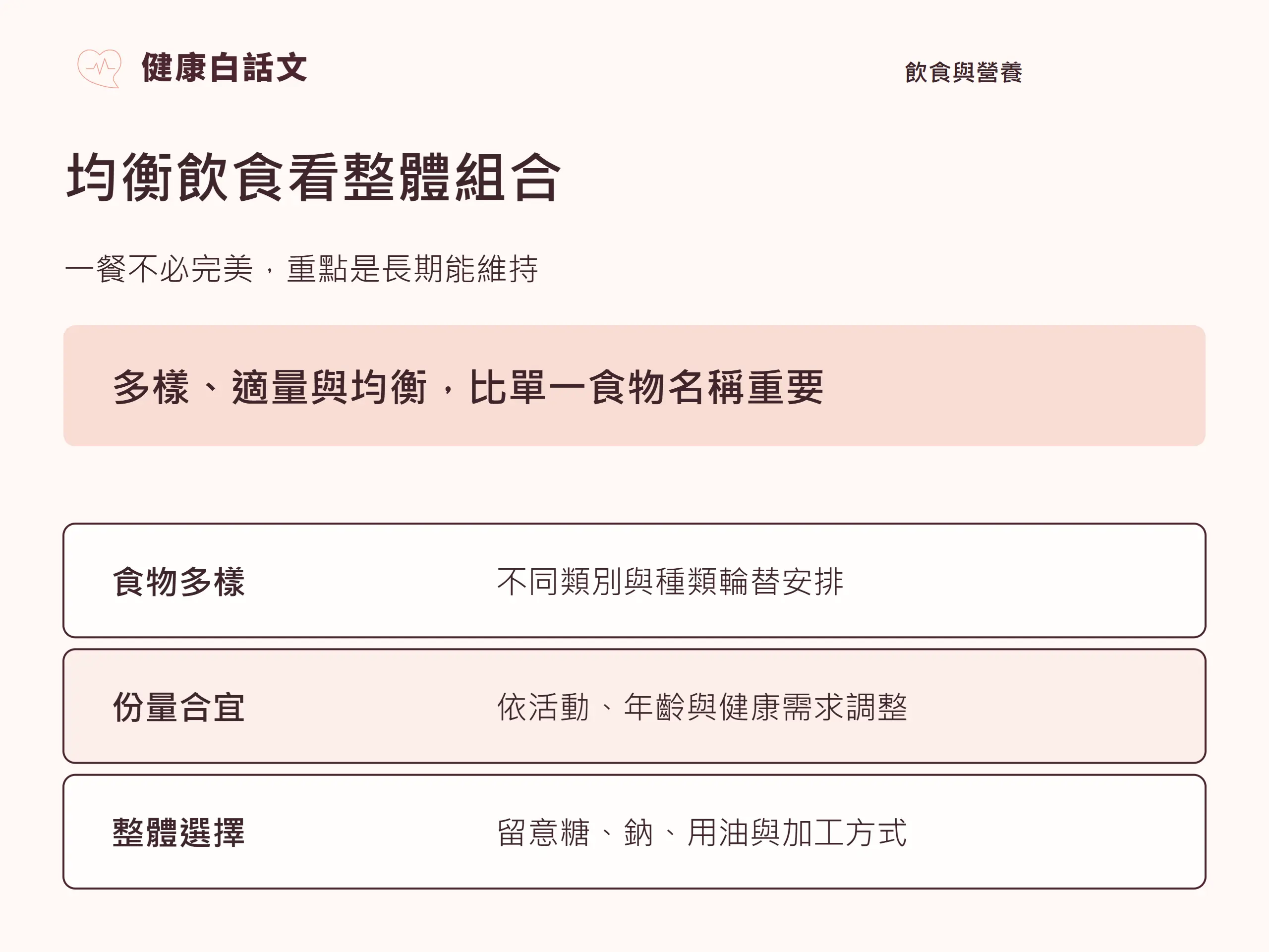 均衡飲食看整體組合:一餐不必完美,重點是長期能維持。