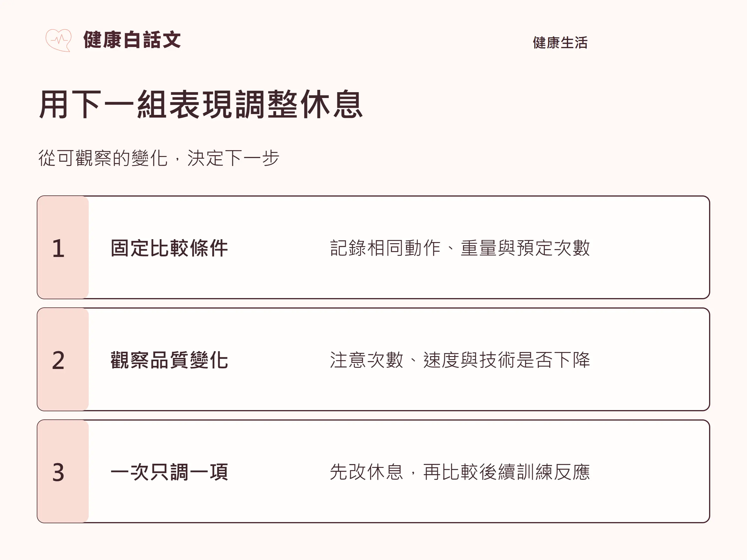 用下一組表現調整休息:從可觀察的變化,決定下一步。