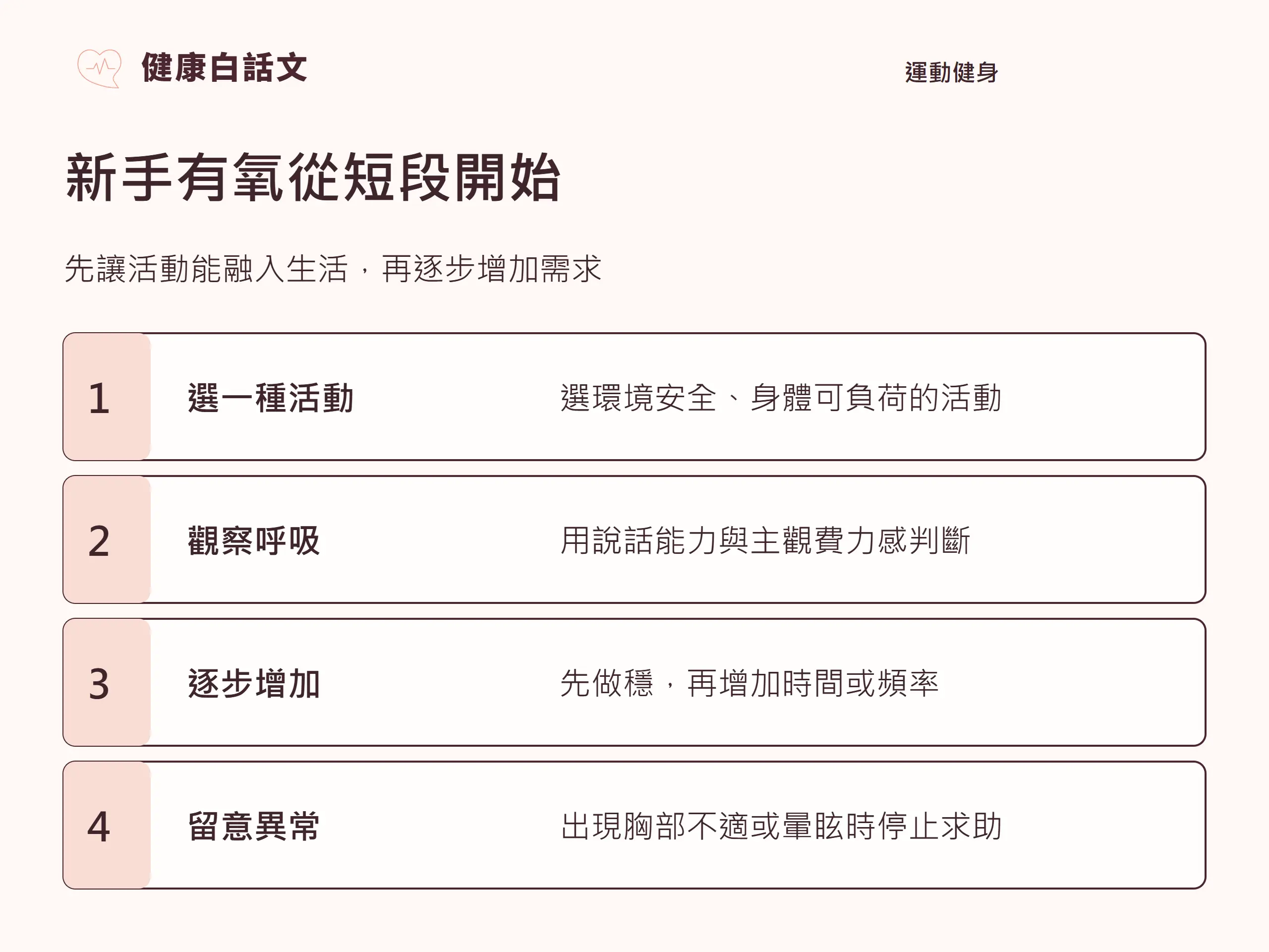 新手有氧從短段開始：先讓活動能融入生活，再逐步增加需求。