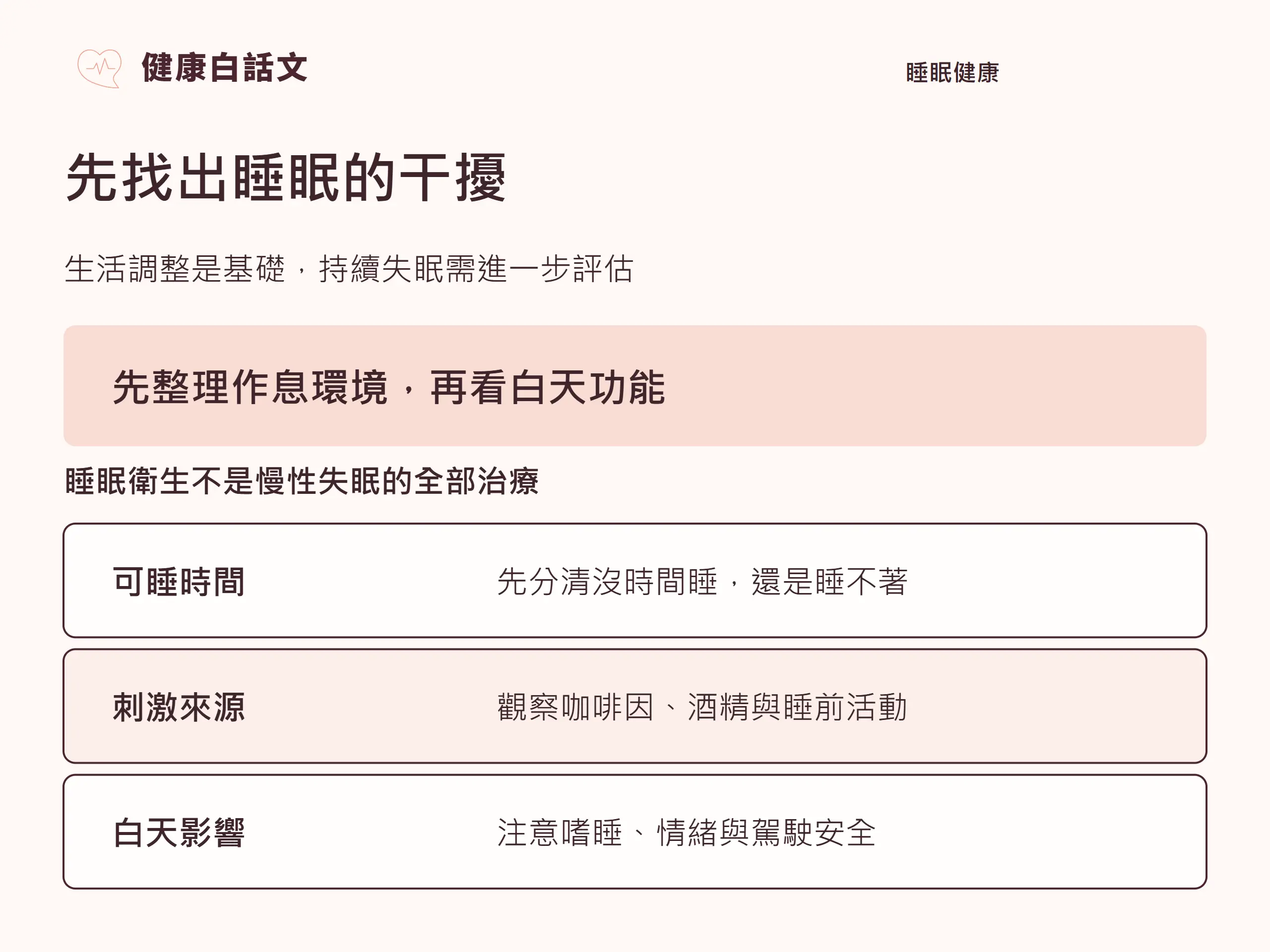 幫助睡眠|觀念整理:先找出睡眠的干擾;生活調整是基礎,持續失眠需進一步評估;先整理作息環境,再看白天功能;睡眠衛生不是慢性失眠的全部治療;先分清沒時間睡,還是睡不著;觀察咖啡因、酒精與睡前活動;注意嗜睡、情緒與駕駛安全