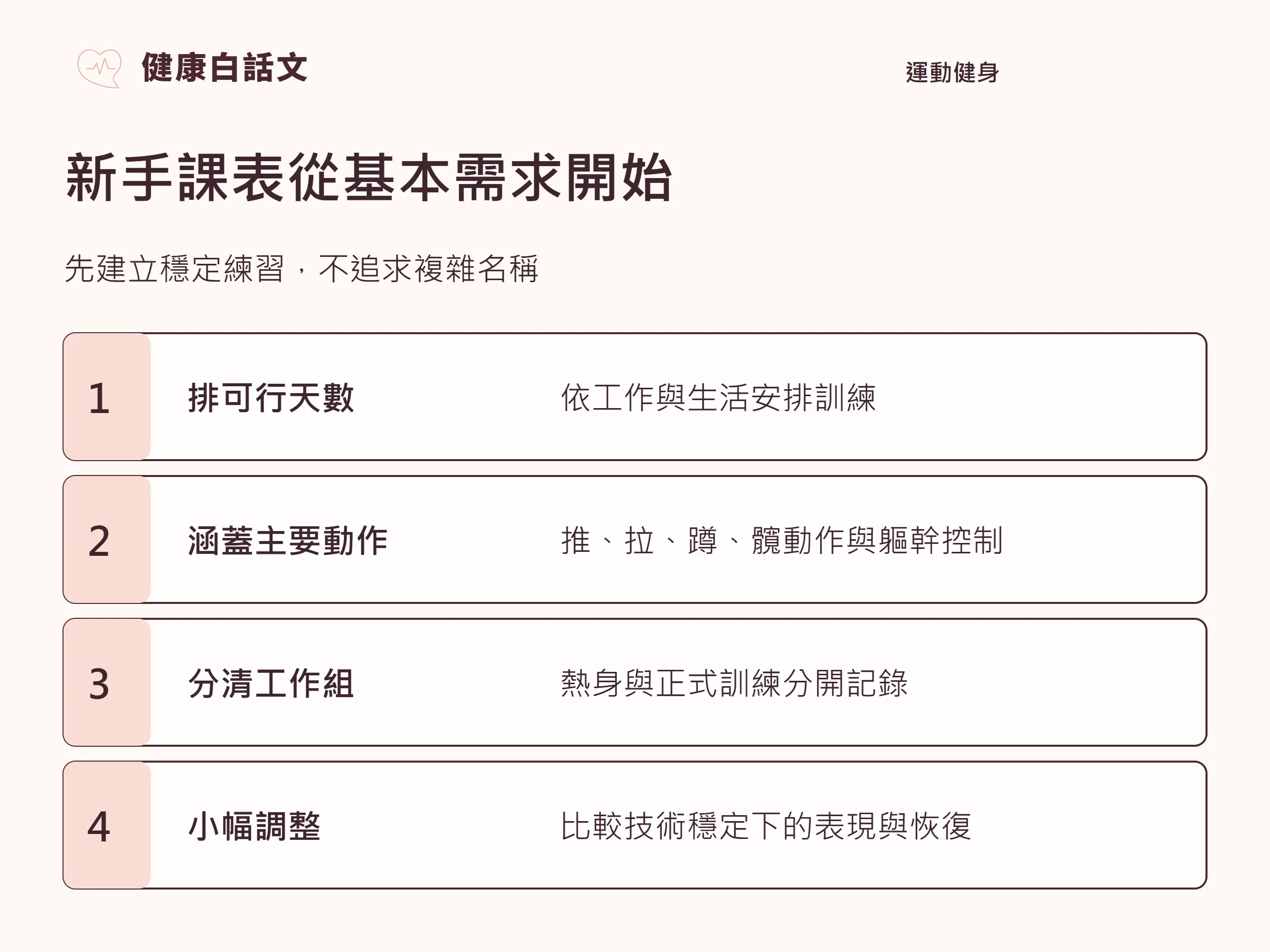 新手課表從基本需求開始:先建立穩定練習,不追求複雜名稱。