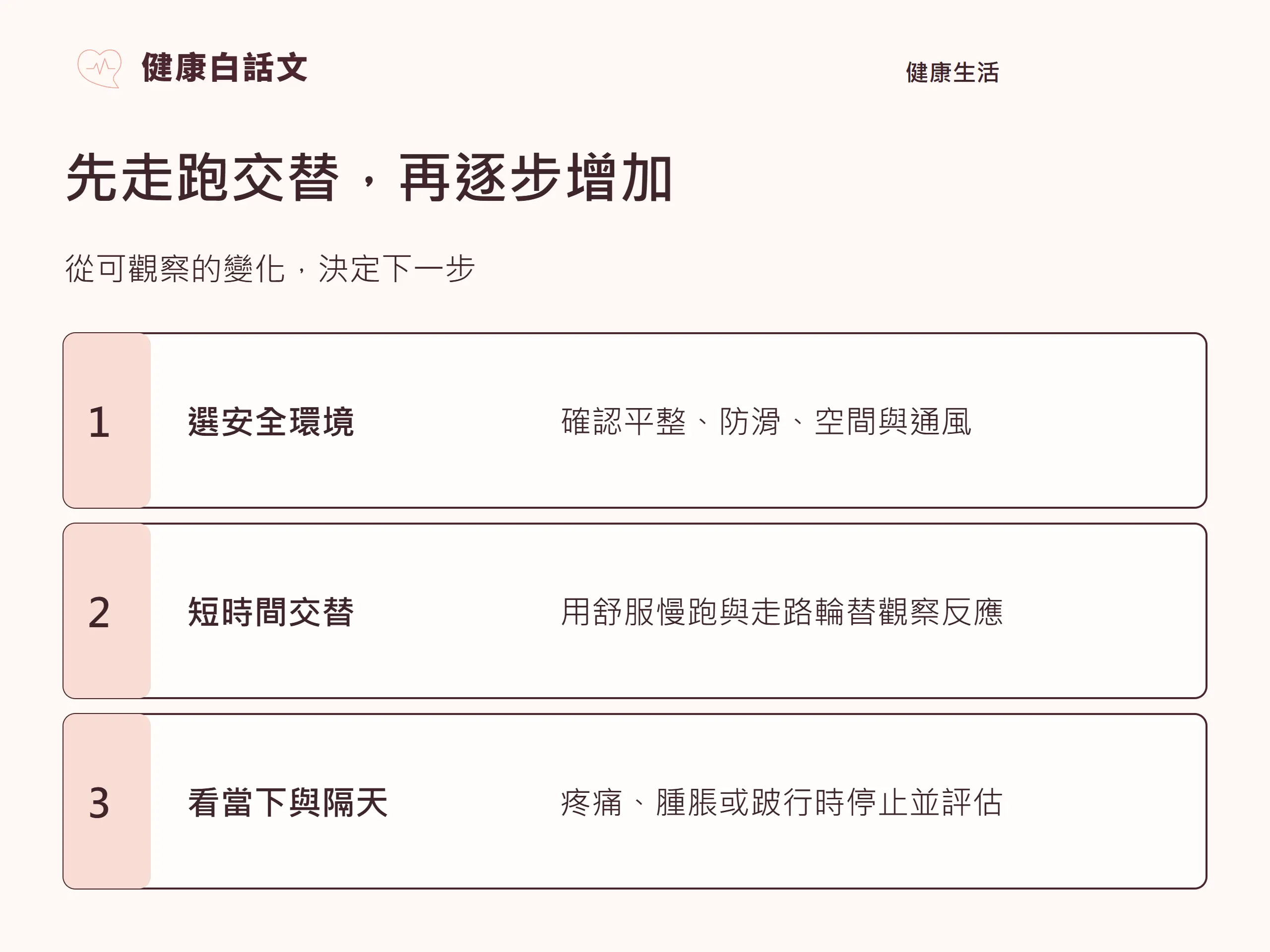 先走跑交替,再逐步增加:從可觀察的變化,決定下一步。