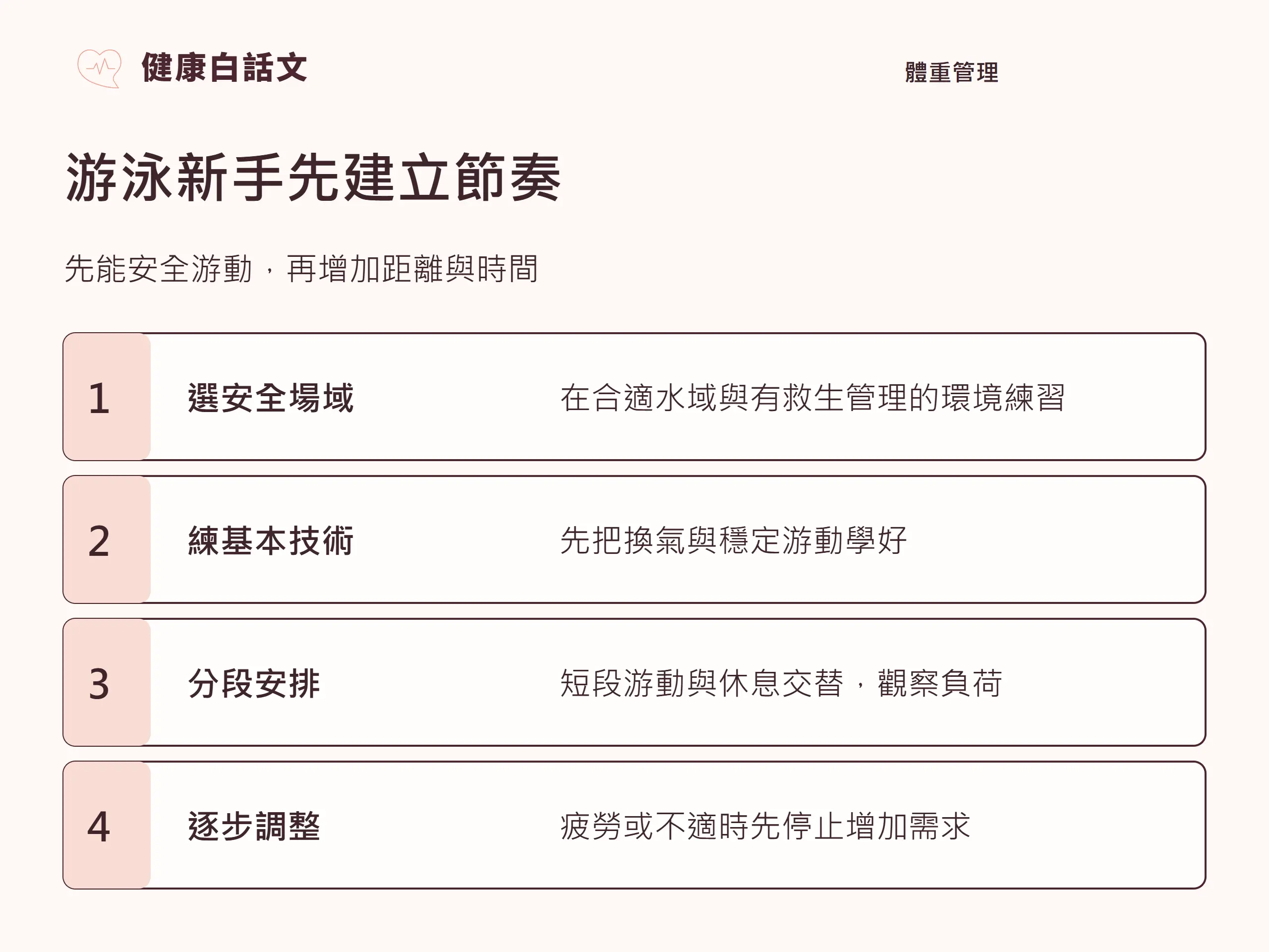 游泳新手先建立節奏:先能安全游動,再增加距離與時間。