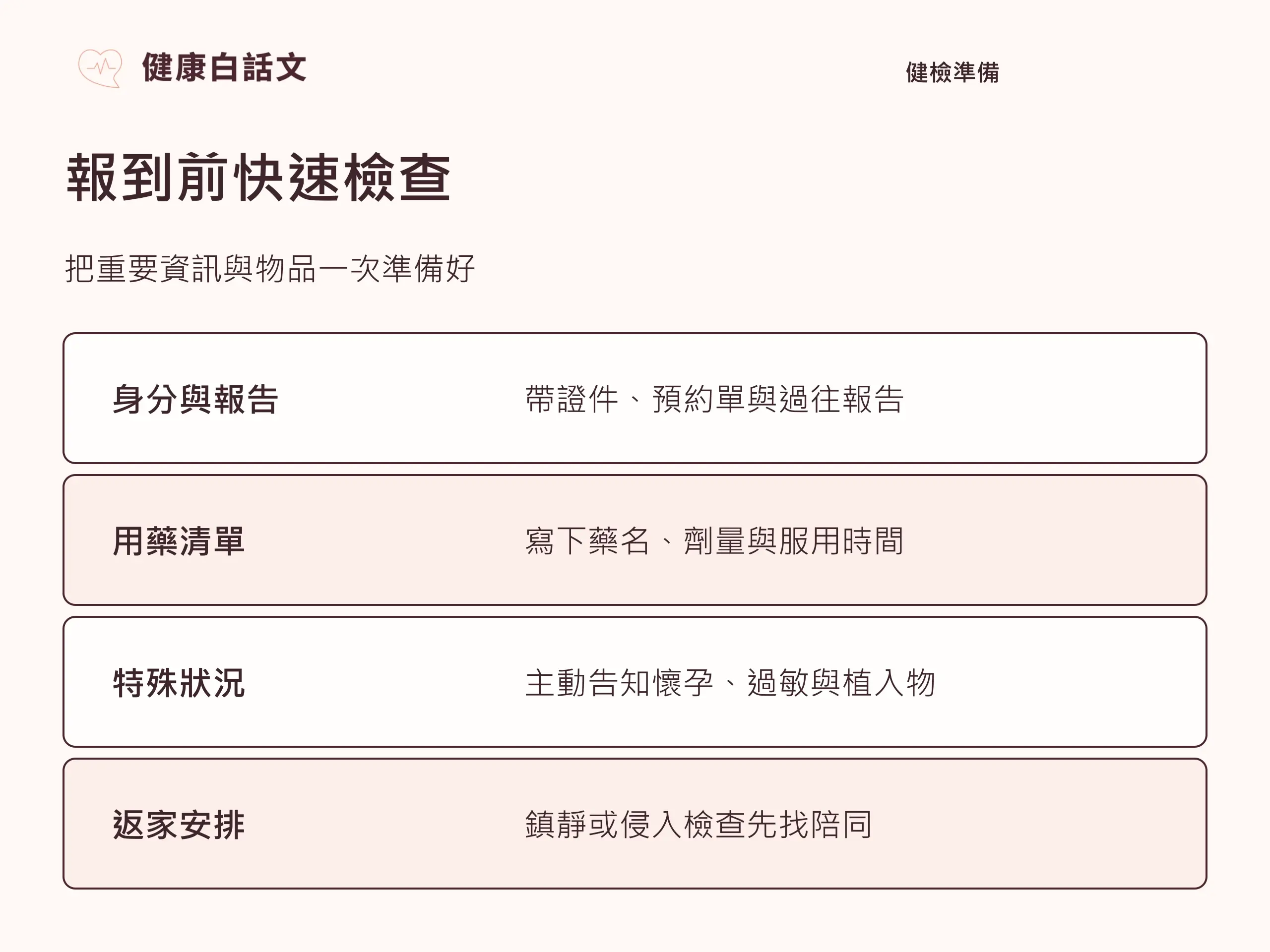 健檢前注意事項:空腹、喝水、藥物與衣著:報到前快速清單