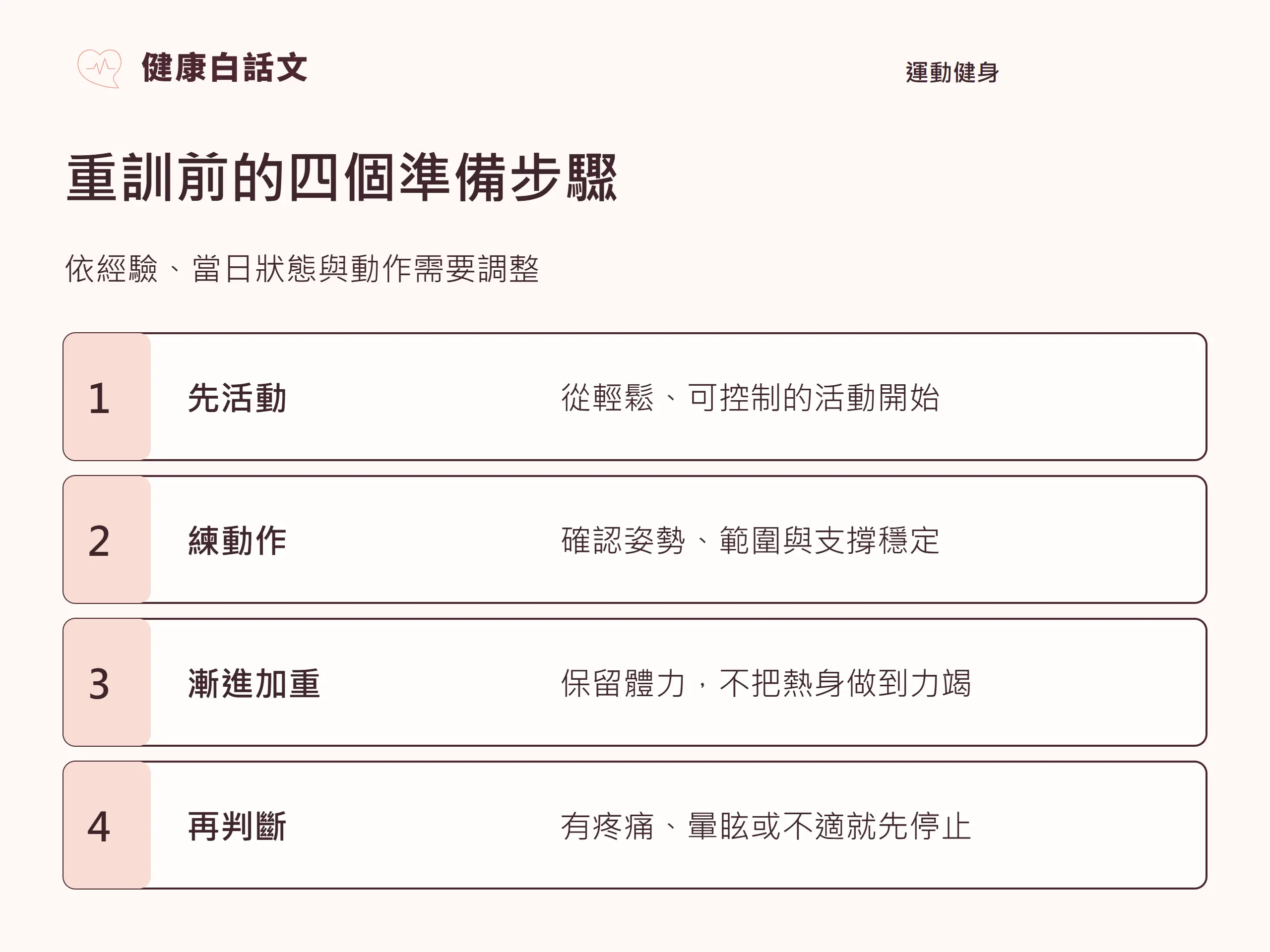 重訓暖身|實作步驟:重訓前的四個準備步驟;依經驗、當日狀態與動作需要調整;從輕鬆、可控制的活動開始;確認姿勢、範圍與支撐穩定;保留體力,不把熱身做到力竭;有疼痛、暈眩或不適就先停止