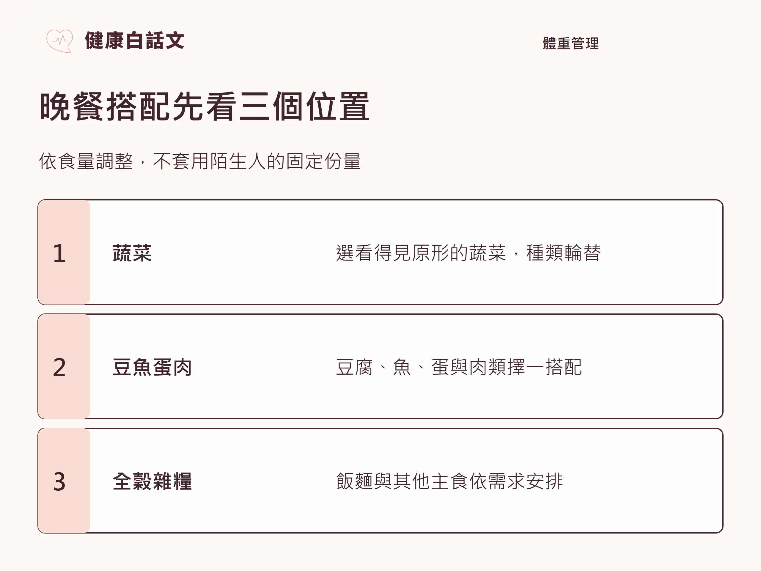 晚餐搭配先看三個位置：依食量調整，不套用陌生人的固定份量。