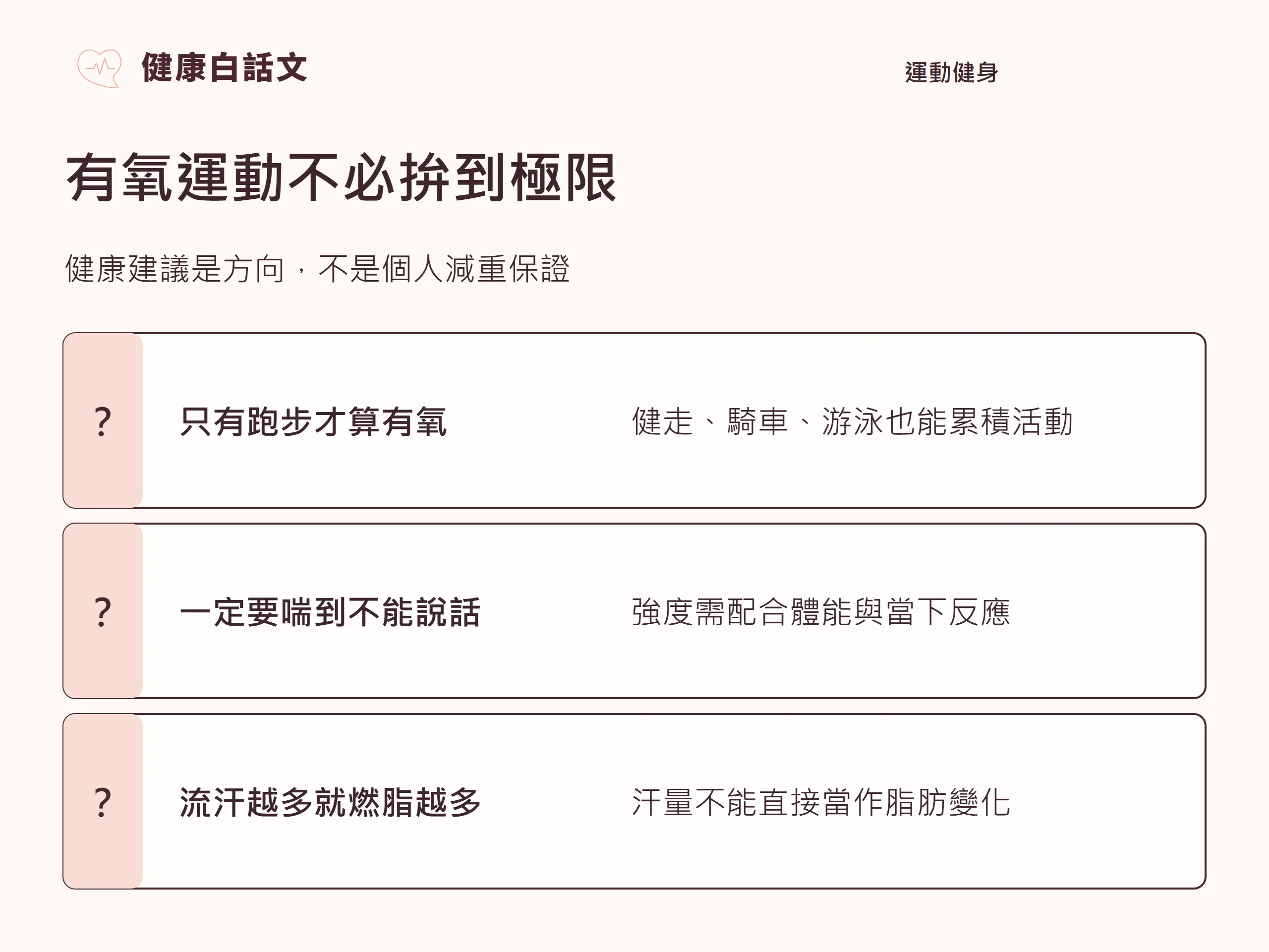 有氧運動不必拚到極限：健康建議是方向，不是個人減重保證。