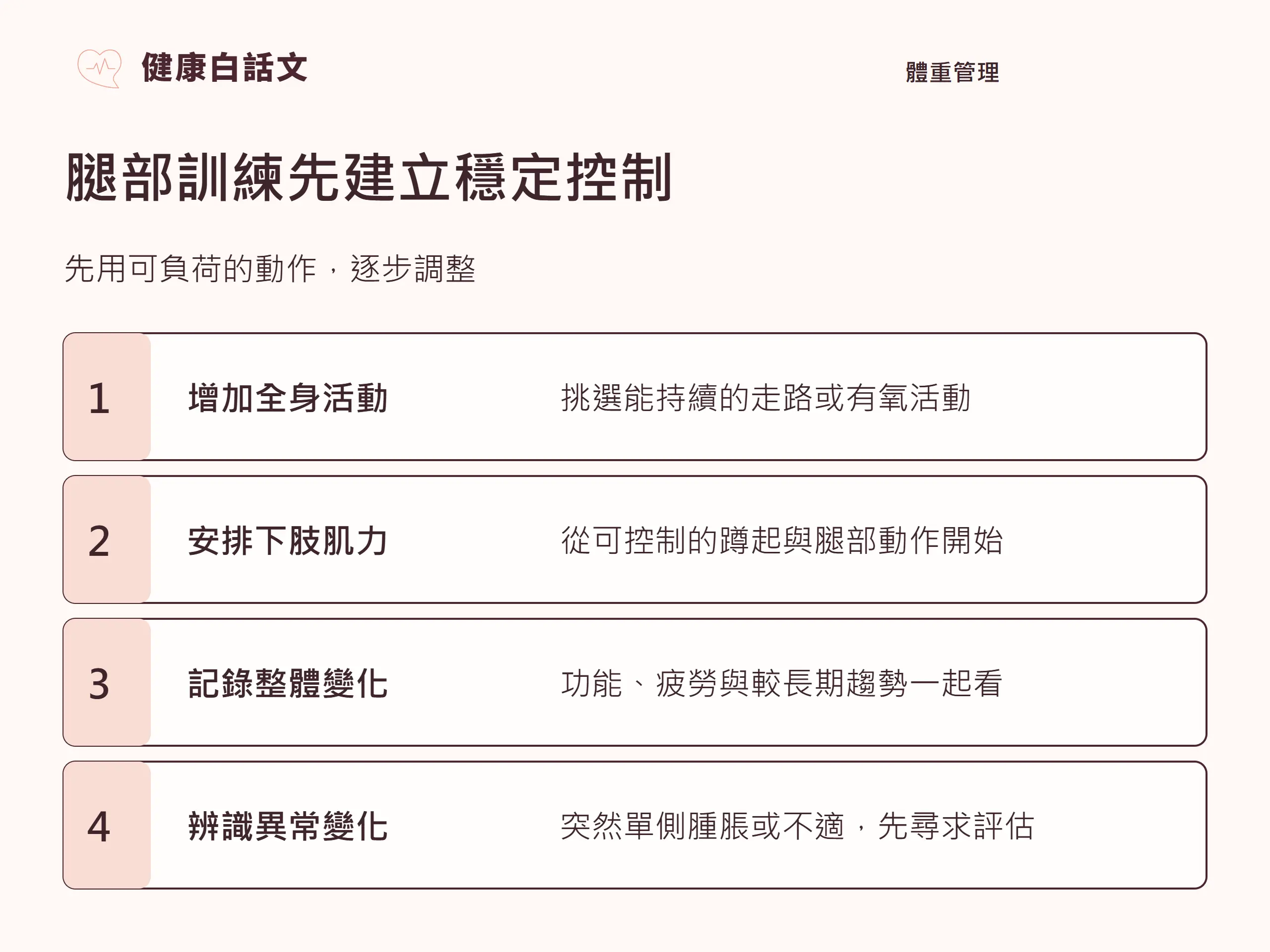 腿部訓練先建立穩定控制：先用可負荷的動作，逐步調整。