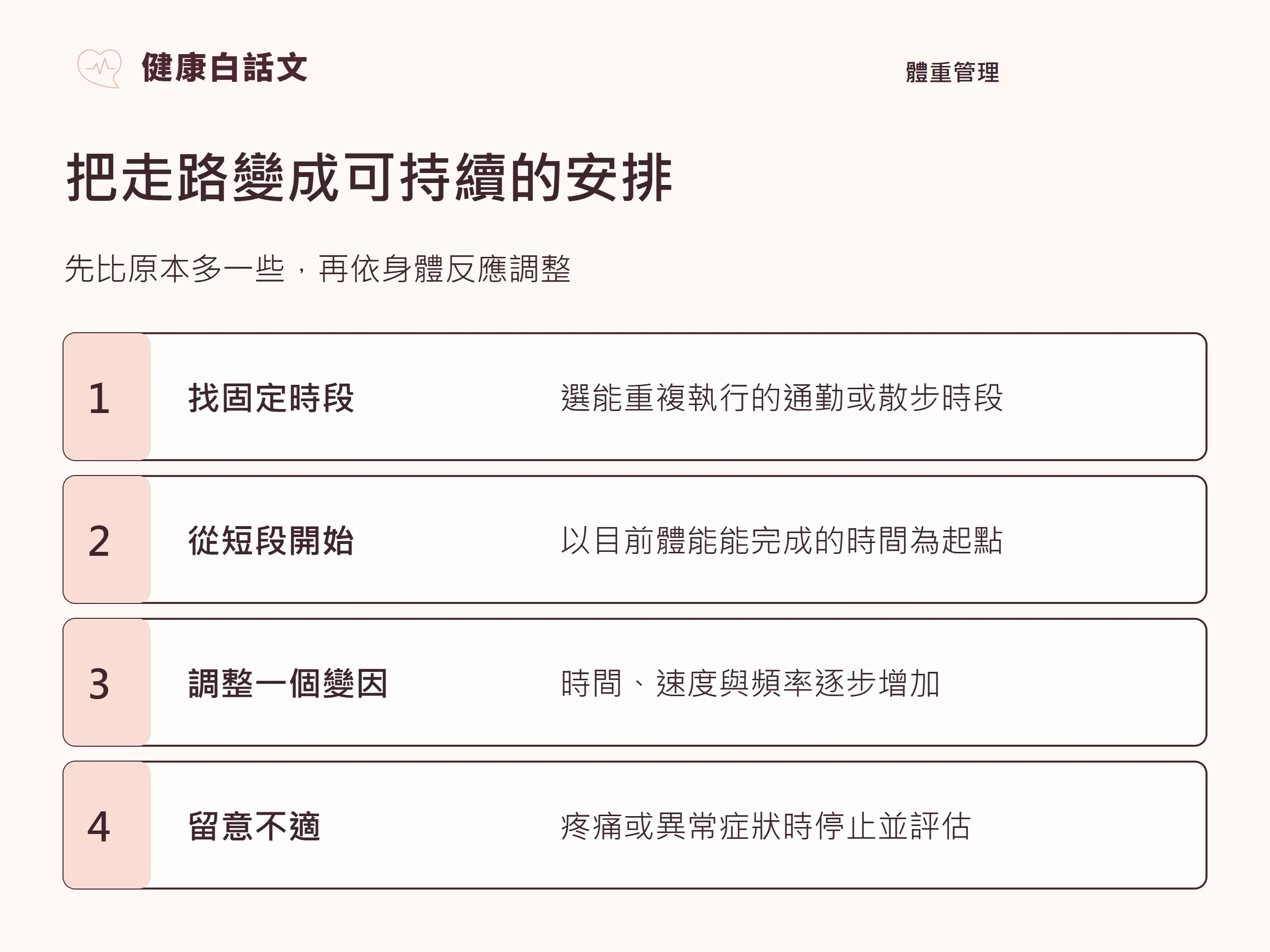 把走路變成可持續的安排：先比原本多一些，再依身體反應調整。