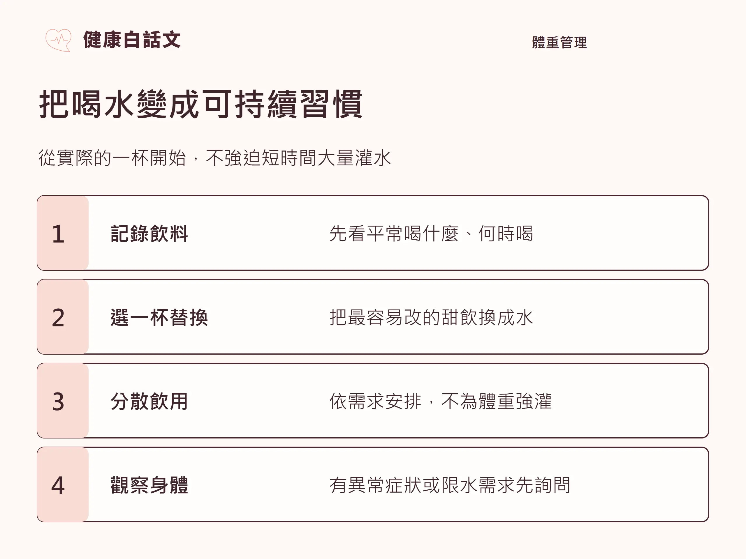 喝水｜實作步驟：把喝水變成可持續習慣；從實際的一杯開始，不強迫短時間大量灌水；先看平常喝什麼、何時喝；把最容易改的甜飲換成水；依需求安排，不為體重強灌；有異常症狀或限水需求先詢問