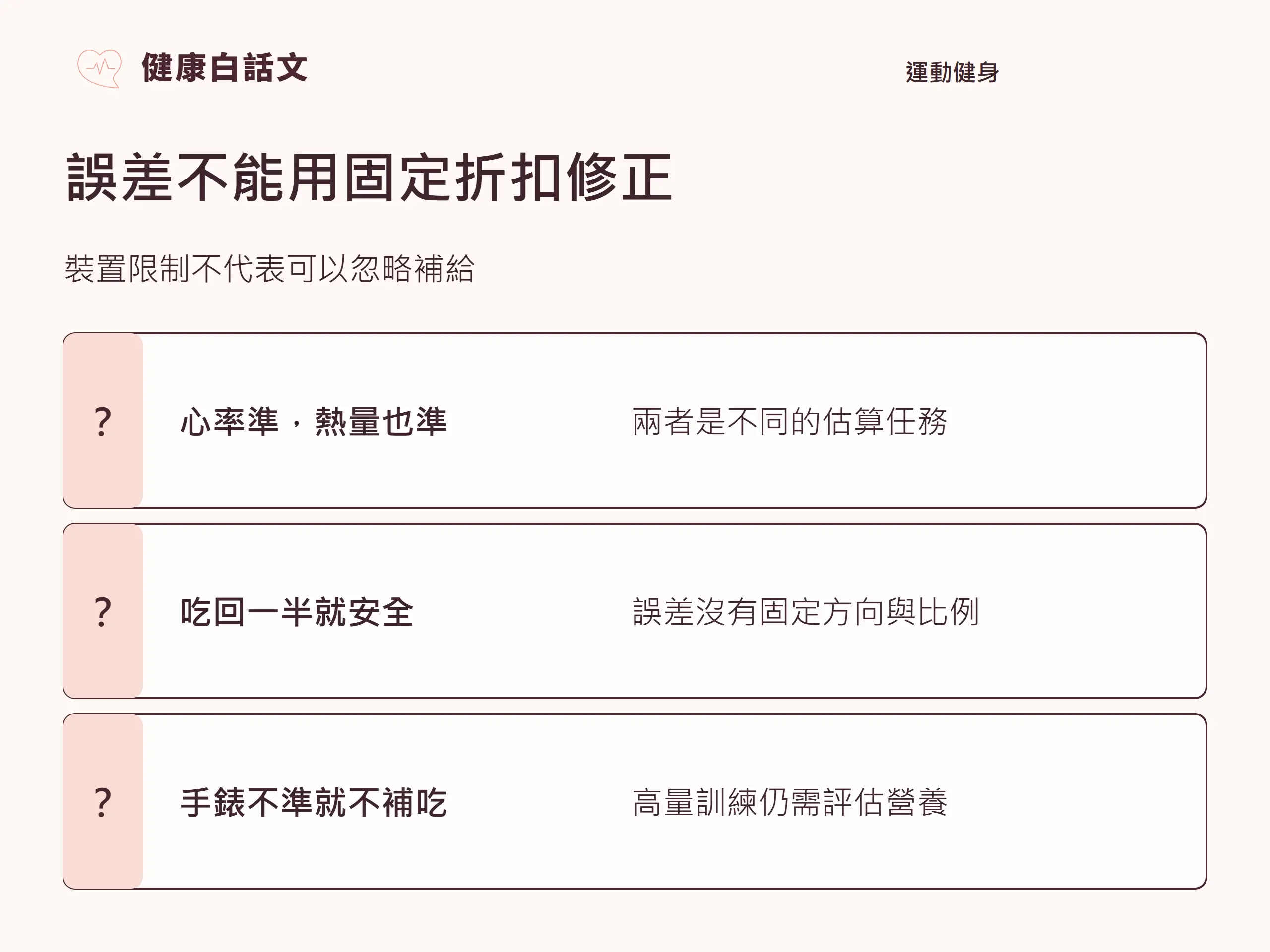 誤差不能用固定折扣修正:;心率準,熱量也準?兩者是不同的估算任務;吃回一半就安全?誤差沒有固定方向與比例;手錶不準就不補吃?高量訓練仍需評估營養